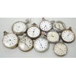Ten assorted base metal pocket watches including Omega, Waltham and Ingersoll.