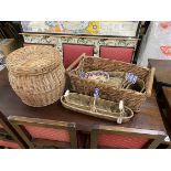 Ten assorted wicker baskets and trays, largest width 67cm, height 25cm