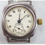 A 1930's? silver manual wind wrist watch, the dial inscribed 'Submarine', with subsidiary seconds,