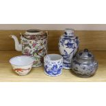An early 20th century Chinese blue and white vase, a famille rose tea pot, etc. (5)