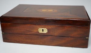 A Victorian mahogany shell inlay writing slope, with interior red Morocco leather stationery sleeve,