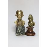 Onesta: A bronze bust of a musician, and a similar bust on wooden stand, Onesta bust 16.5cm high