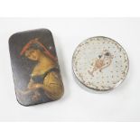 A 19th century painted papier mache snuff box depicting a lady, a yellow metal piquet box and a