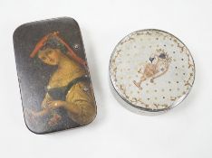 A 19th century painted papier mache snuff box depicting a lady, a yellow metal piquet box and a