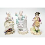 Three Meissen figure groups (with damage), tallest, figurine holding a doll, 15.5cm high