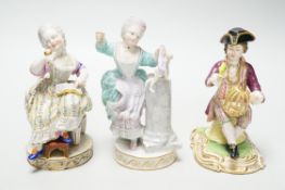 Three Meissen figure groups (with damage), tallest, figurine holding a doll, 15.5cm high