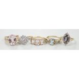 Five assorted modern 9ct gold and gen set rings, including kunzite and diamond, size N, gross 17.5