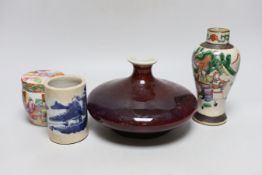 A Chinese sang de boeuf glazed squat vase, a crackle ware vase, a box and cover and a blue and white