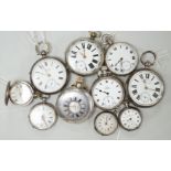 Ten assorted silver or base metal pocket and fob watches including Kays Triumph and half hunter.