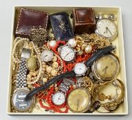 A group of assorted wrist and pocket watches and sundry costume jewellery.