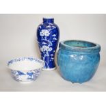 A Chinese blue and white prunus vase, a Jun type pottery planter and a blue and white bowl, vase