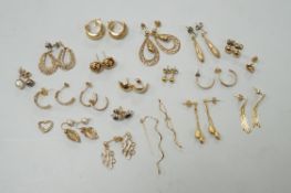 Seven assorted modern pairs of 9ct earrings including tassel drop and pear shaped, 12.7 grams and