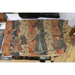 A machine tapestry manufactured by Robert Four, depicting a Medieval figurative scene, 160cm wide,