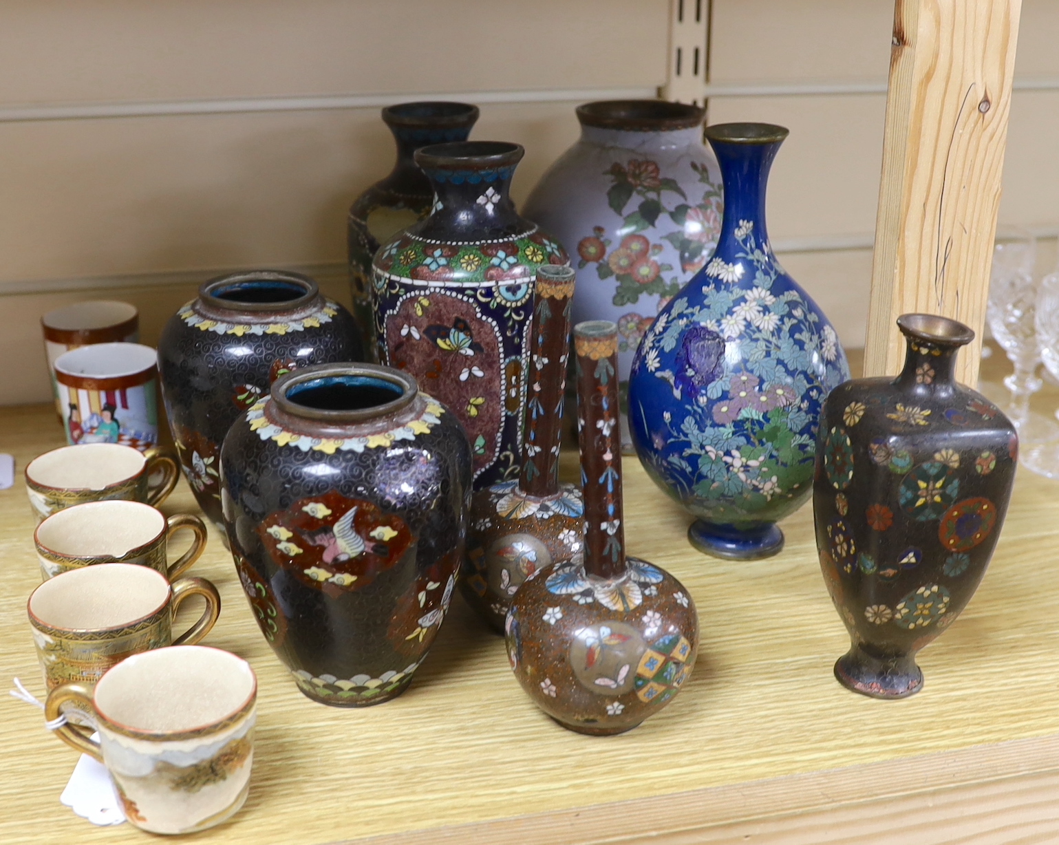 Assorted Japanese cloisonné enamel and satsuma pottery wares, tallest 20cm high