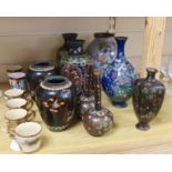 Assorted Japanese cloisonné enamel and satsuma pottery wares, tallest 20cm high