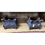 A pair of Victorian style square cast metal garden planters, width 33cm, height 30cm