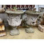 A pair of reconstituted stone campana garden urns, diameter 38cm, height 56cm