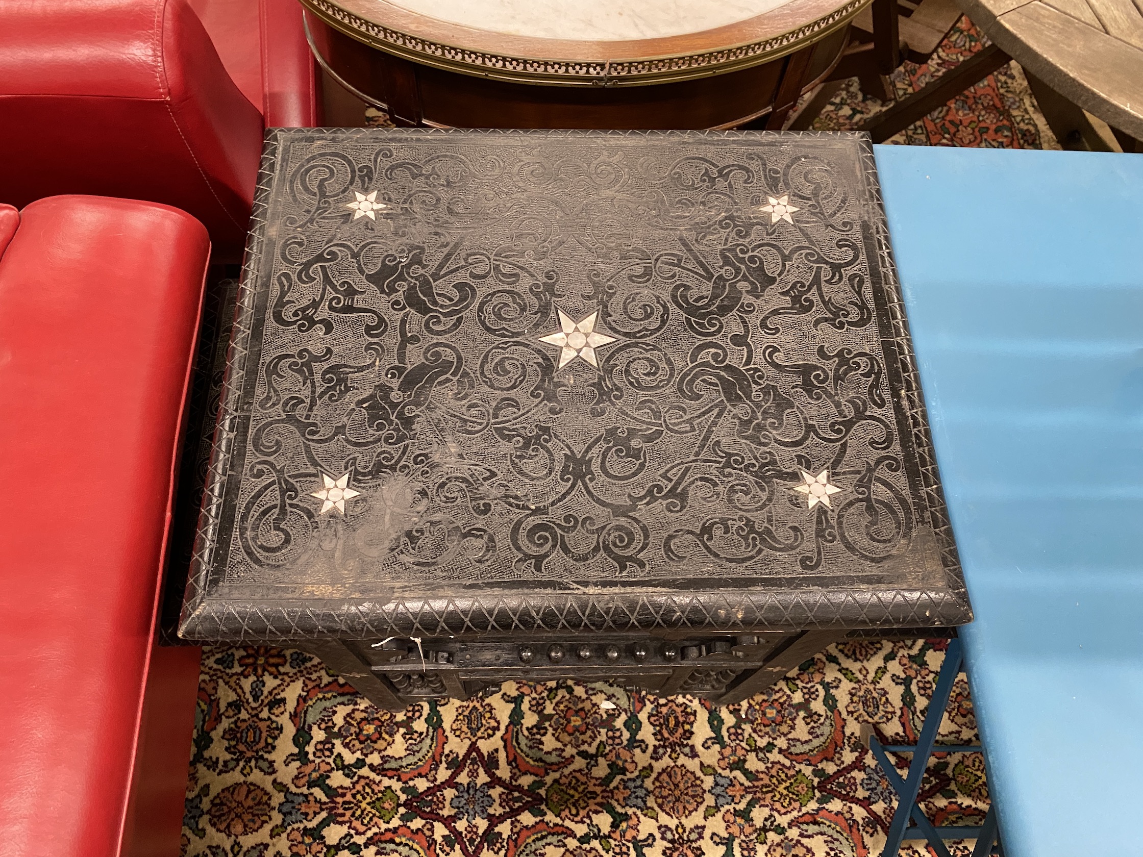 A Moorish ebonised and mother of pearl inlaid occasional table, width 76cm, depth 40cm, height 75cm - Image 2 of 2