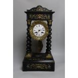 A French Napoleon III ebonised and brass inlaid portico clock, 26.5cm wide, 53cm high