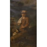 19th century English School, oil on canvas, Traveller and dog beside fallen trees, 78 x 47cm