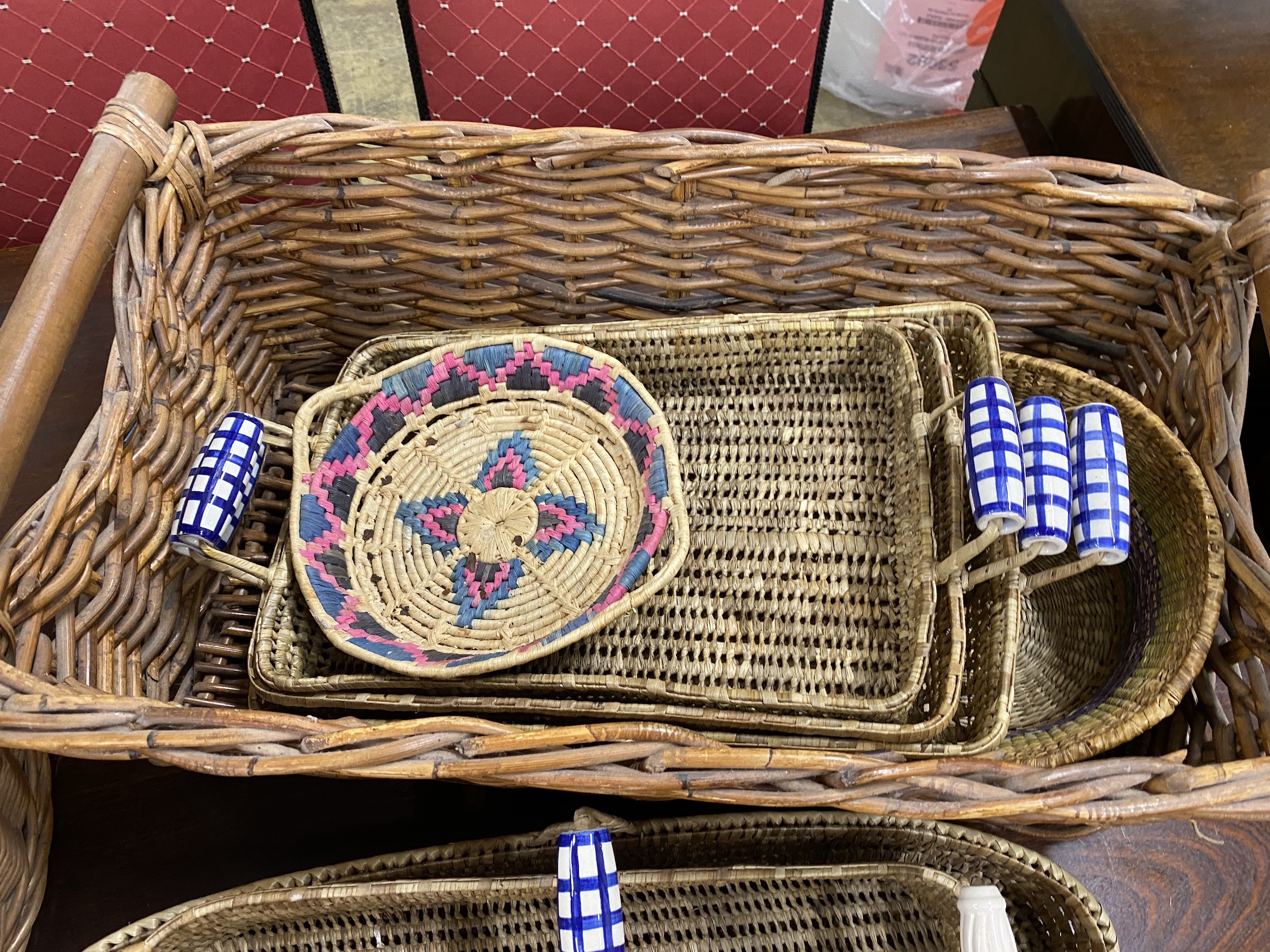 Ten assorted wicker baskets and trays, largest width 67cm, height 25cm - Image 2 of 2