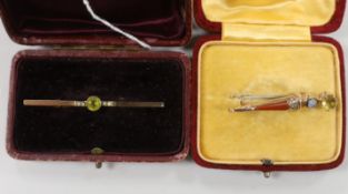 A 9ct, gem and Scottish hardstone set dirk brooch, 45mm and one other 9ct and gem set bar brooch,