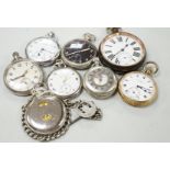 Eight assorted silver or base metal pocket watches including Goliath, Doxa and military black dial.