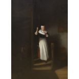 After Frans van Mieris (1635 - 1681), oil on panel, Interior with woman on a staircase, 39 x 31cm