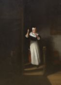 After Frans van Mieris (1635 - 1681), oil on panel, Interior with woman on a staircase, 39 x 31cm