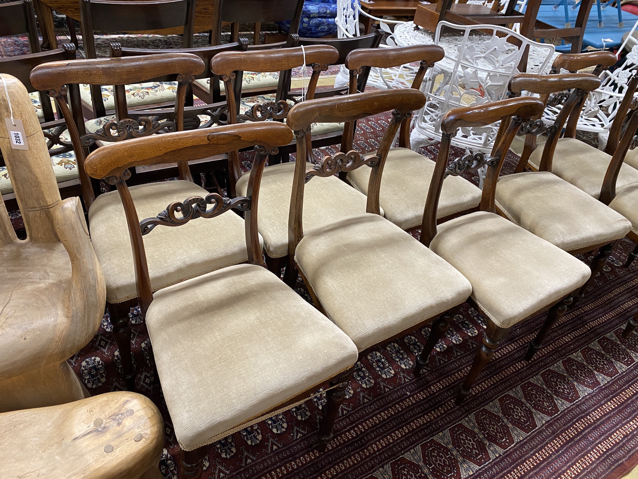 A set of ten early Victorian rosewood dining chairs with upholstered seats, width 44cm, height 82cm - Image 3 of 3