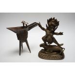 A Buddhist bronze figure and a bronze yi vessel, figure 22cm high