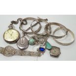Sundry watches and jewellery including a silver pocket watch with silver albert, silver wrist watch,