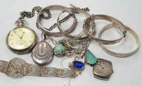 Sundry watches and jewellery including a silver pocket watch with silver albert, silver wrist watch,
