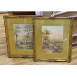 Henry Earp Snr.(1831-1914), pair of watercolours, Travellers seated beside a pond and Wagon in a