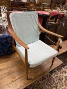 A mid century France & Son teak armchair, with 'slot together frame' width 64cm, depth 68cm,