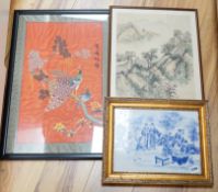 A Chinese porcelain figural panel and orange silk embroidered panel and a silk painted panel,