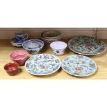 Three Chinese famille verte dishes, various bowls and tea bowls and a cup