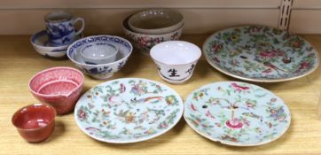Three Chinese famille verte dishes, various bowls and tea bowls and a cup