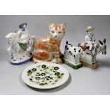 A Rye pottery Billy the goat, a boy riding a donkey, a lady on horseback, a cat and a plate (5)