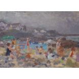 John Harvey (b.1935), oil on board, Beach scene, studio stamp verso, 30 x 43cm, unframed