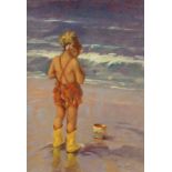 Ken Moroney (1949-2018), oil on wooden panel, Child on the seashore, signed, 24.5 x 17cm