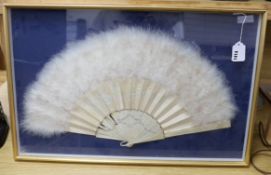 A cased bone, silk and swans down fan, 62cm wide