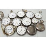 Twelve assorted mainly silver pocket watches including 'The Farringdon', Russell's and John Walker.