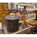 A Victorian style octagonal pine tripod wine table, width 47cm, height 72cm together with an