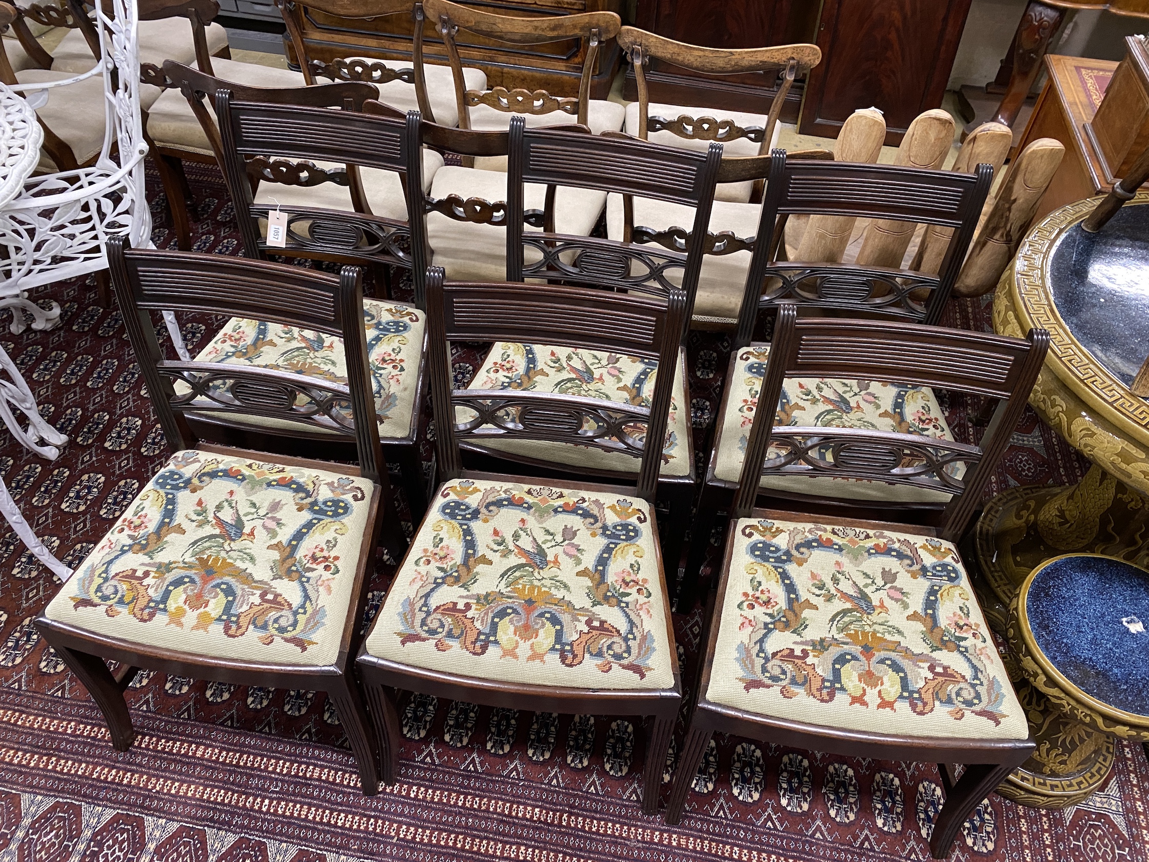 A set of six George IV mahogany dining chairs with tapestry drop in seats, height 85cm - Image 2 of 2