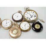 Six assorted gold plated or base metal pocket watches including Goliath calendar moonphase and