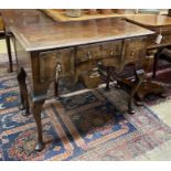 A Queen Anne style rectangular walnut kneehole table, width 92cm, depth 45cm, height 76cm