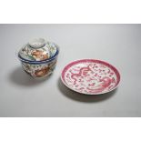 A Chinese famille rose rice bowl and cover and a pink enamel ‘dragon dish’, dish 14cm diameter