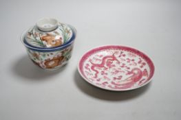 A Chinese famille rose rice bowl and cover and a pink enamel ‘dragon dish’, dish 14cm diameter