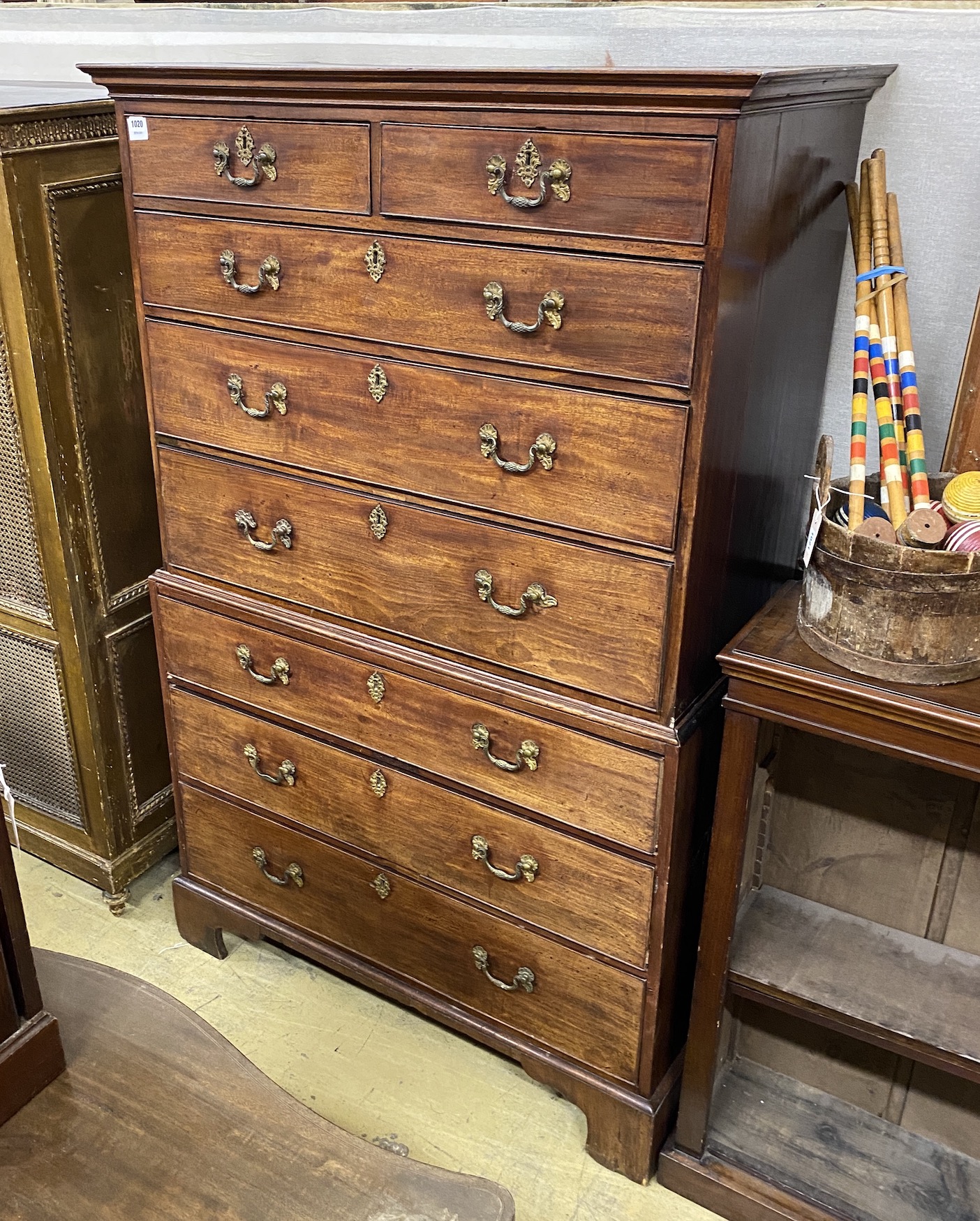 A George III mahogany chest on chest, width 110cm, depth 55cm, height 174cm